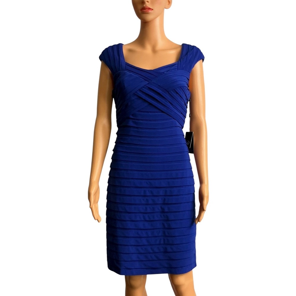 Adrianna Papell Cobalt Blue Dress‎ Cap Sleeve Pleated Cocktail Party Career Sz 6